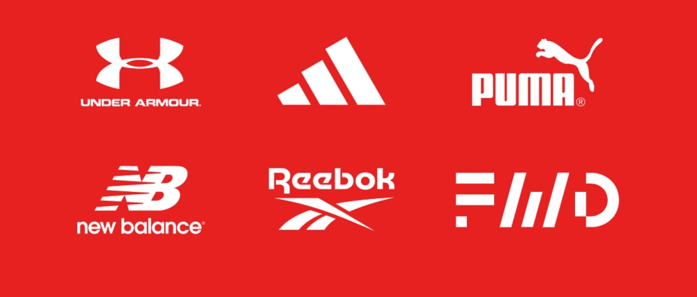 Solid red banner, with brand logos. UA, adidas, Puma, New Balance, Reebok, FWD