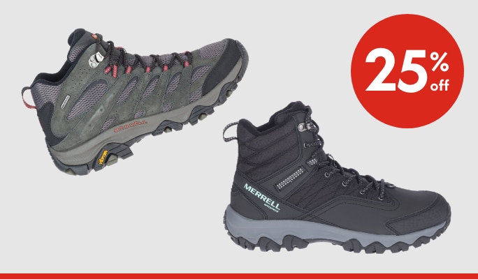 Merrell Footwear 25% off*. Offer valid Nov 25-Dec 1, 2025.