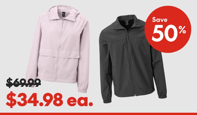 Ripzone Women’s Sirocco or Men’s Skyline Windbreaker save 50%  69.99 (Strikethrough) 34.98 ea.