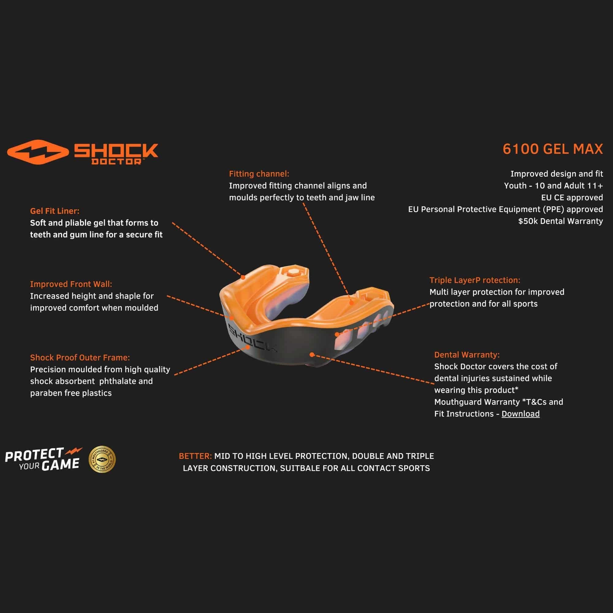 Shock Doctor Gel Max Power Convertible Adult Mouthguard Front_Angled_Left