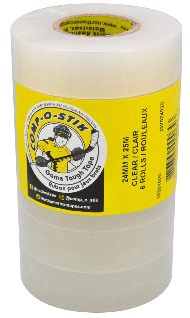 COMP-O-STIK 24MM X 25M Clear Hockey Tape 6pk Front_Angled_Left