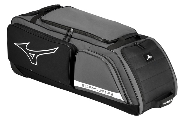 Mizuno Samurai Baseball Wheel Bag Front_Three_Fourths_Angled_Left