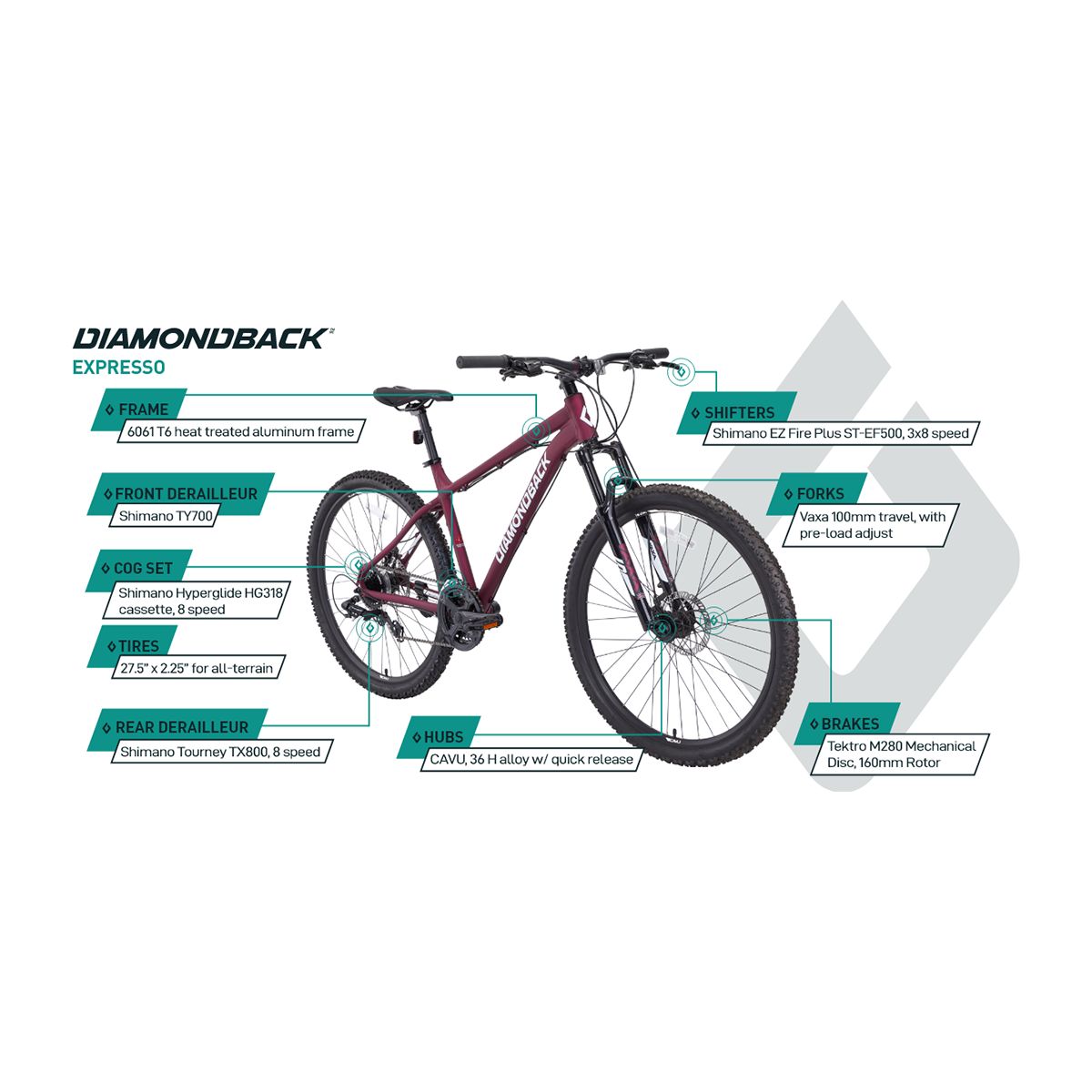 Diamondback Expresso 27.5" Mountain Bike, 24 Speed, Aluminum Frame, Mechanical Disc Brakes, Hardtail