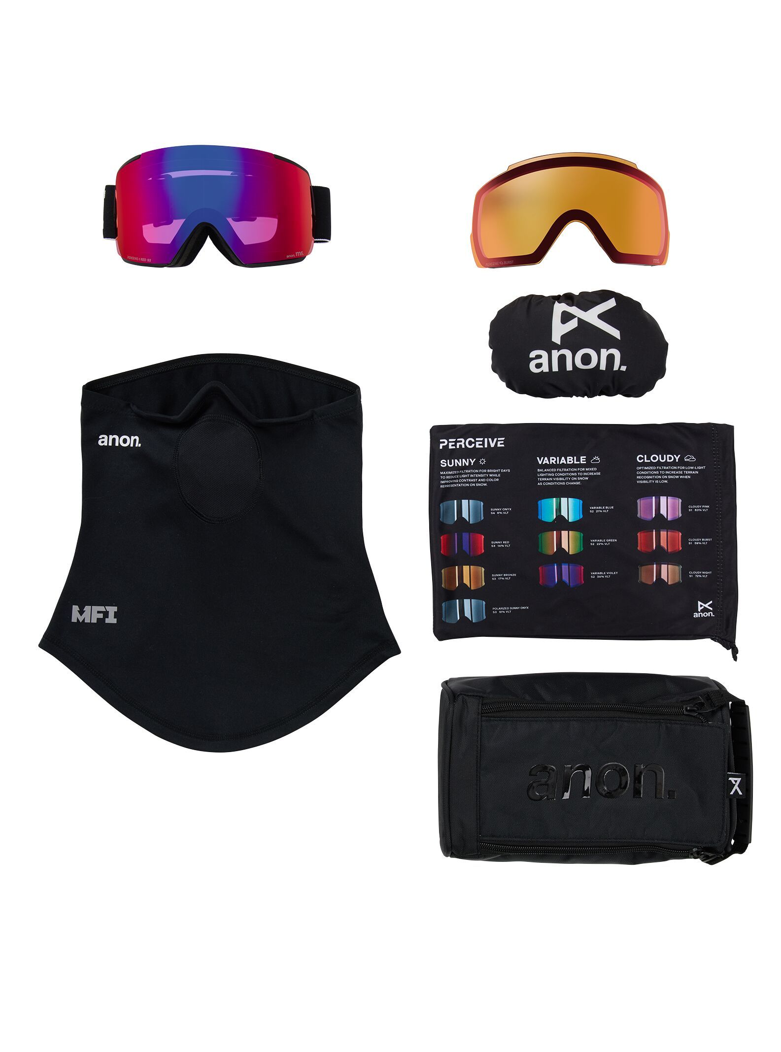 Anon M5 Toric Ski & Snowboard Goggles - Black With Sunny Red Lens + Mfi® Face Mask + Bonus Anti-Fog Ski Goggles Lens Composite_or_Mixed