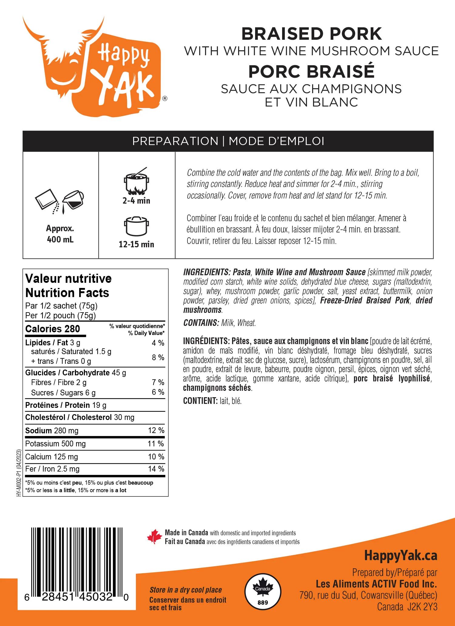 Happy Yak Braised Pork with White Wine Mushroom Sauce Dehydrated Food Package