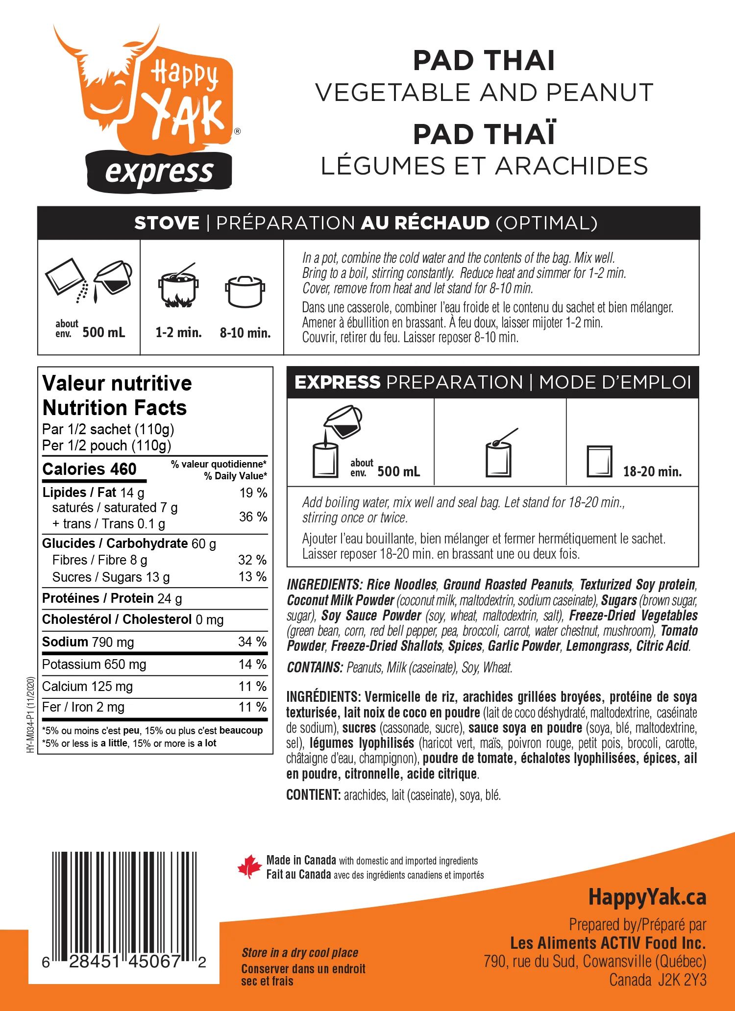 Happy Yak Pad Thai Peanuts and Vegetables Dehydrated Food Package