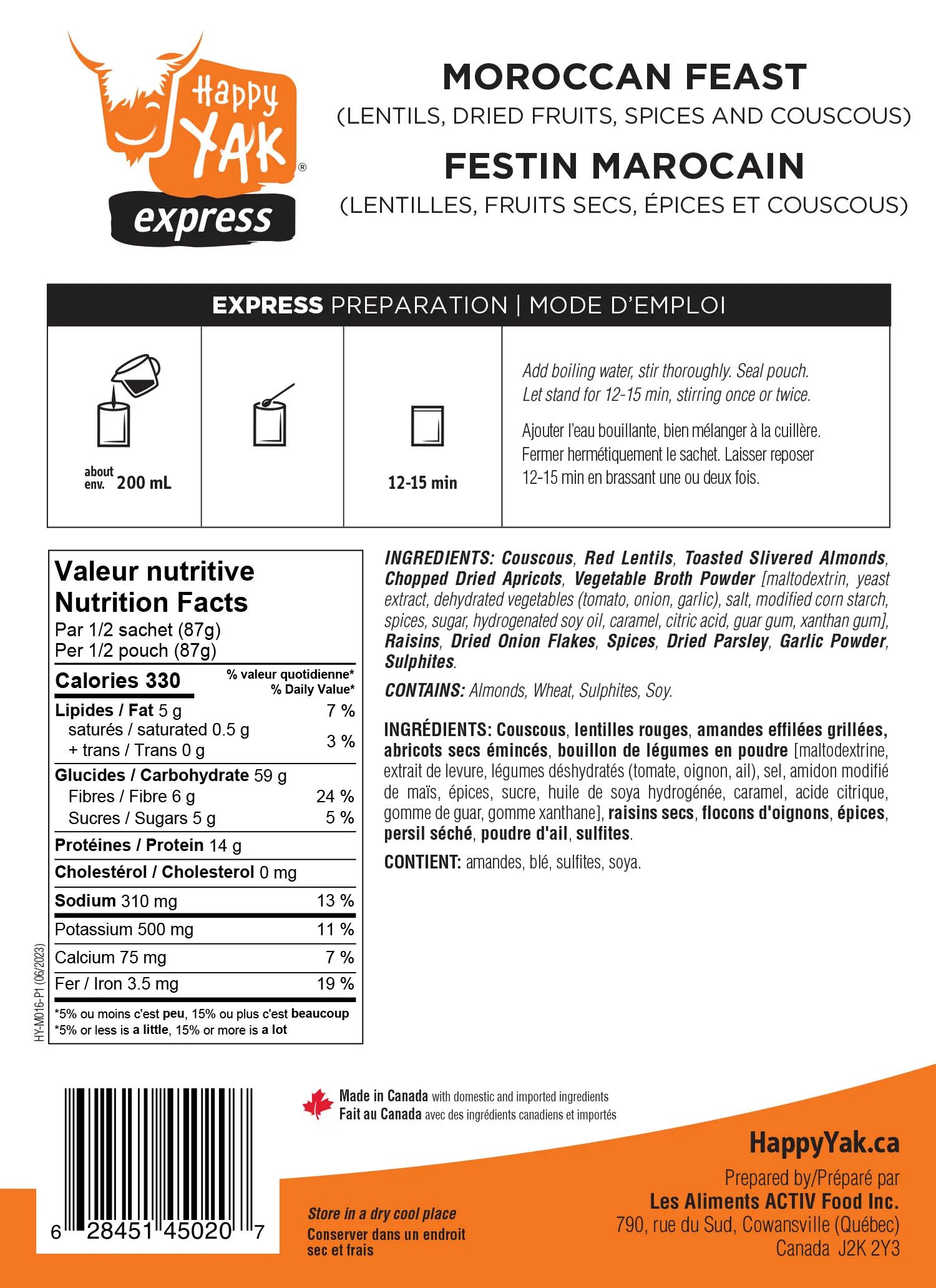 Happy Yak Vegetarian Moroccan Couscous and Lentils Dehydrated Meal