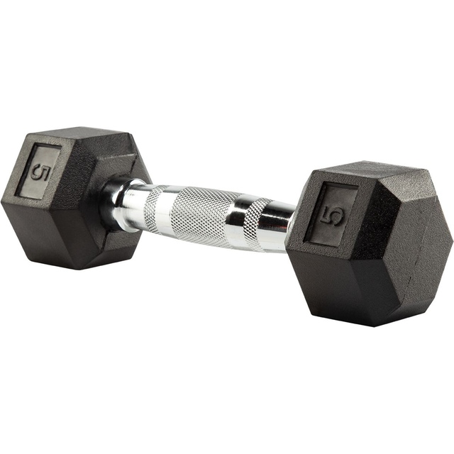Evoke 5 lb Rubber Hex Dumbbell, Weight, Home Gym Front_Angled_Left