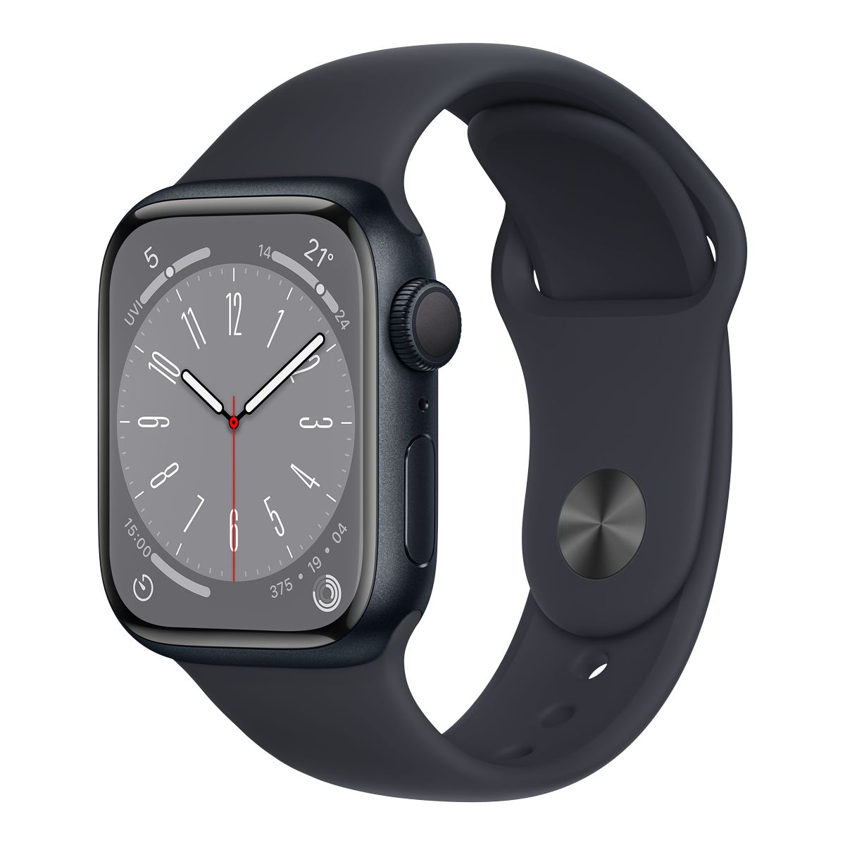 Apple Watch Series 8 (GPS) 41mm Midnight with Midnight Sport Band Front_Three_Fourths_Angled_Left