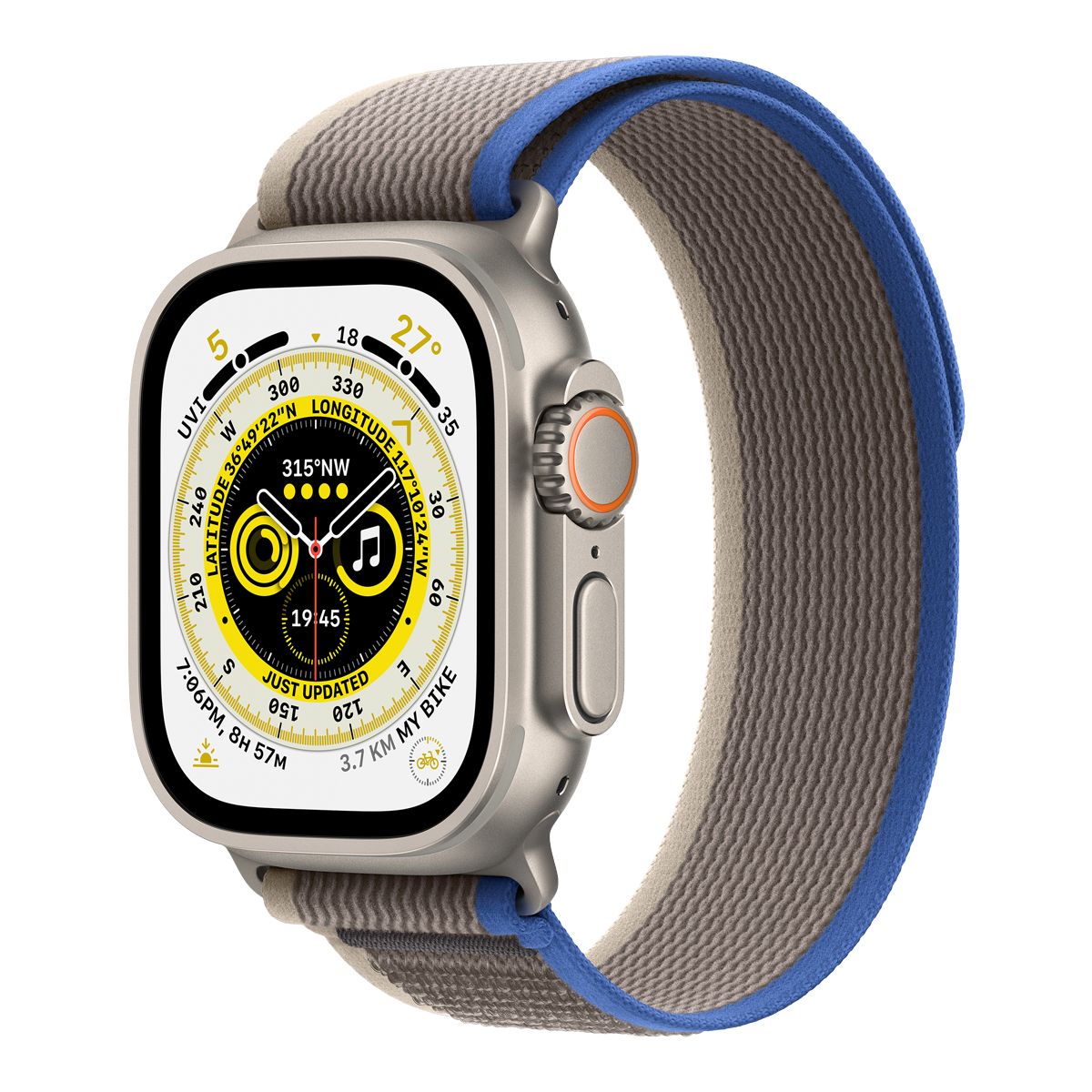 Apple Watch Ultra (GPS + LTE) with Blue/Gray Trail Loop M/L Front_Three_Fourths_Angled_Left