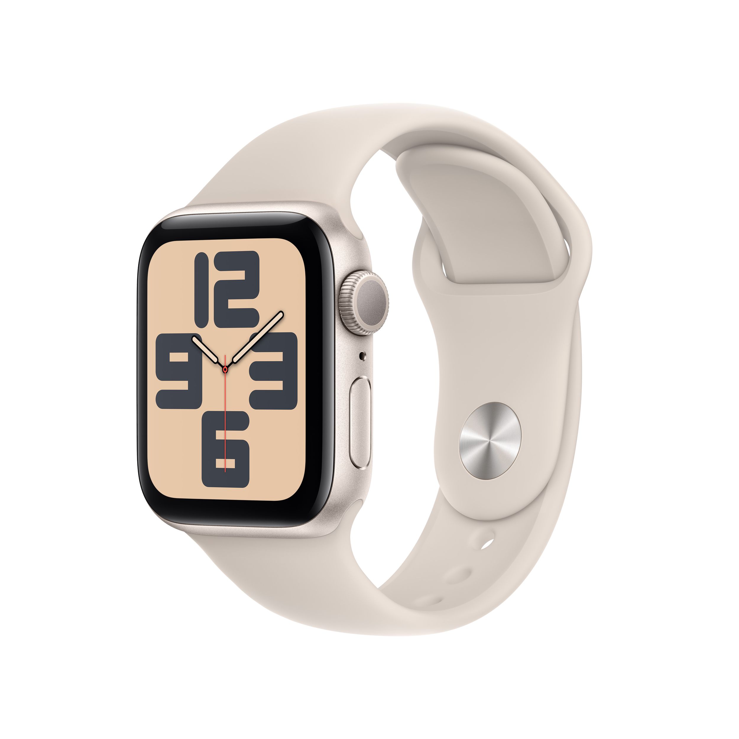 Apple Watch SE (GPS) 40 mm Starlight with Starlight Sport Band M/L Front_Three_Fourths_Angled_Left