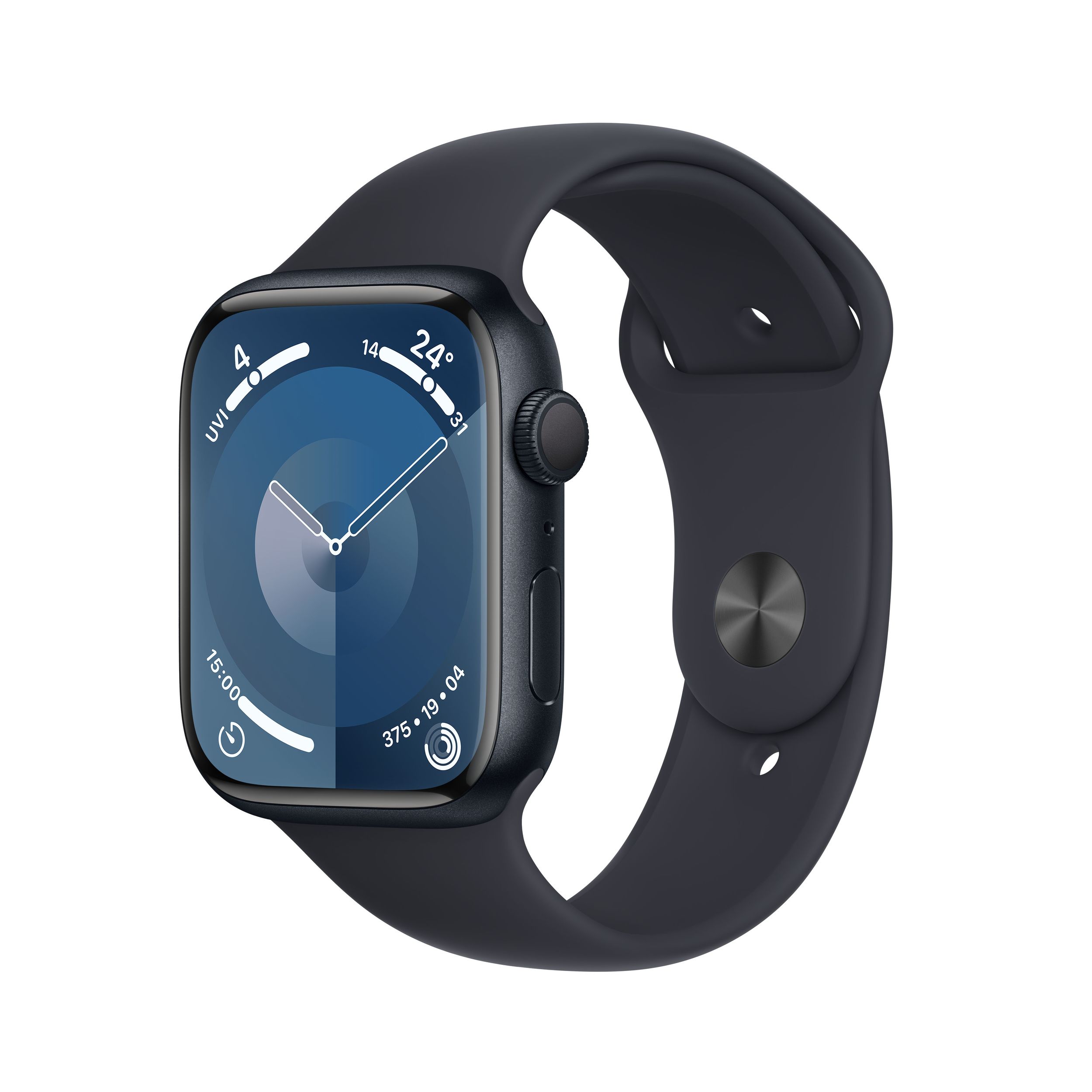Apple Watch Series 9 45mm GPS with Midnight Sport Band Front_Three_Fourths_Angled_Left