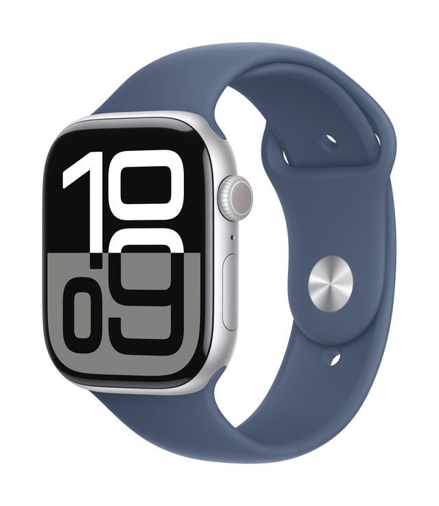Apple Watch Series 10 (GPS) 46mm with Denim Sport Band - S/M Front_Three_Fourths_Angled_Left
