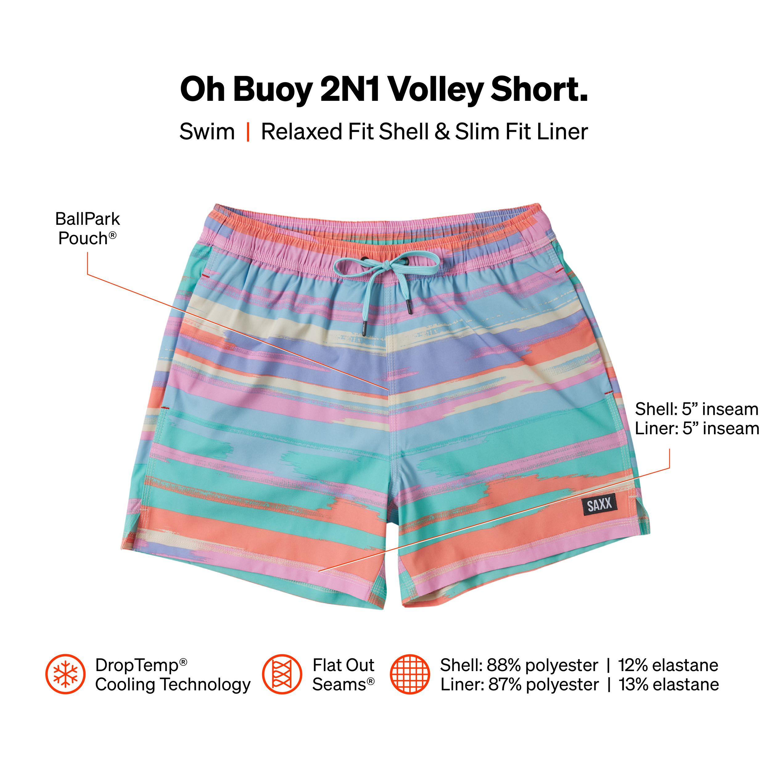 SAXX Men's Oh Buoy 5 Inch 2 in 1 Volley Shorts