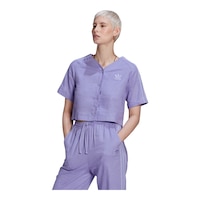 adidas Originals Women's Linen Blend Baseball Crop T Shirt Front_Flat