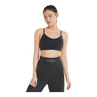 PUMA Women's Studio Rouched Sports Bra, Low Impact, Lightly Lined Front_Flat