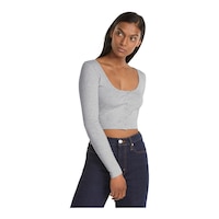 PUMA Women's Classics Ribbed Long Sleeve Crop Top Shirt, Slim Fit Front_Angled_Right