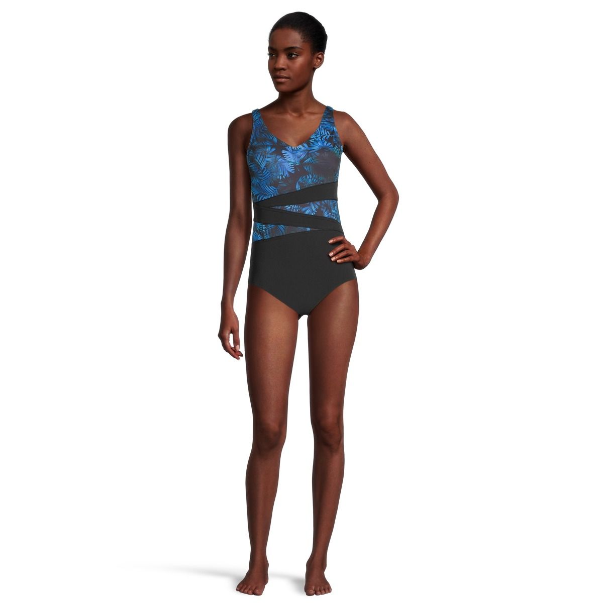 Finz Women's Plus Leaf Print Splice U Back One Piece Swim Suit