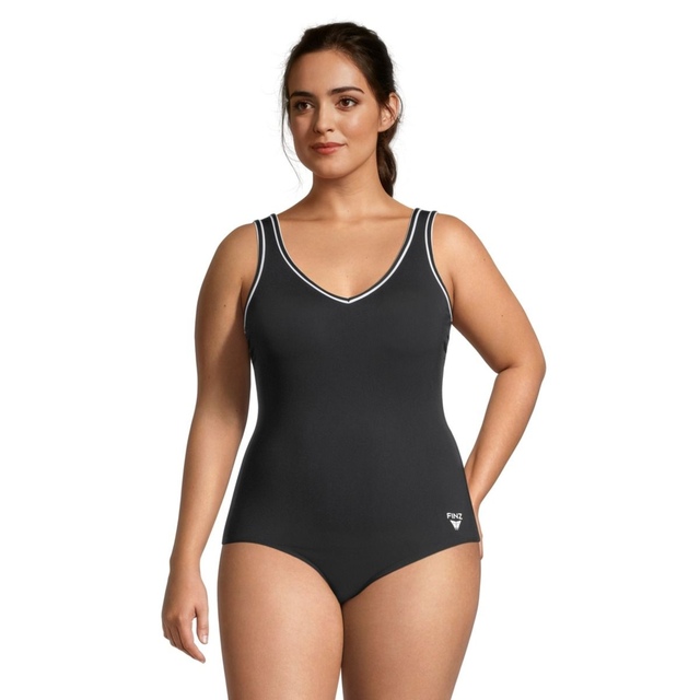 Finz Women's Solid V Neck Plus Size One Piece Swimsuit/Bathing Suit, Sport, Tummy Control