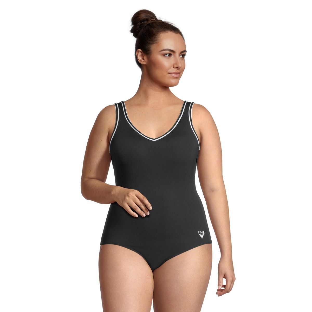 Finz Women's Solid V Neck Plus Size One Piece Swimsuit/Bathing Suit, Sport, Tummy Control