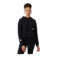New Balance Women's KVV Essentials Cropped Hoodie, Fleece Front_Angled_Right