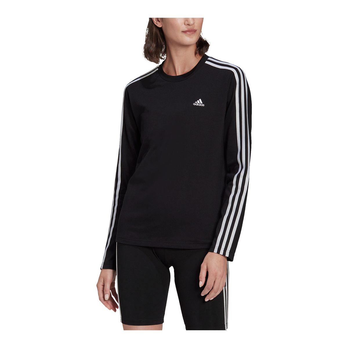 adidas Women's 3-Stripes Long Sleeve Crewneck Cotton T Shirt