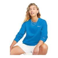 Champion Women's Powerblend SM Script Crewneck Fleece Sweatshirt, Loose Fit Front_Angled_Left