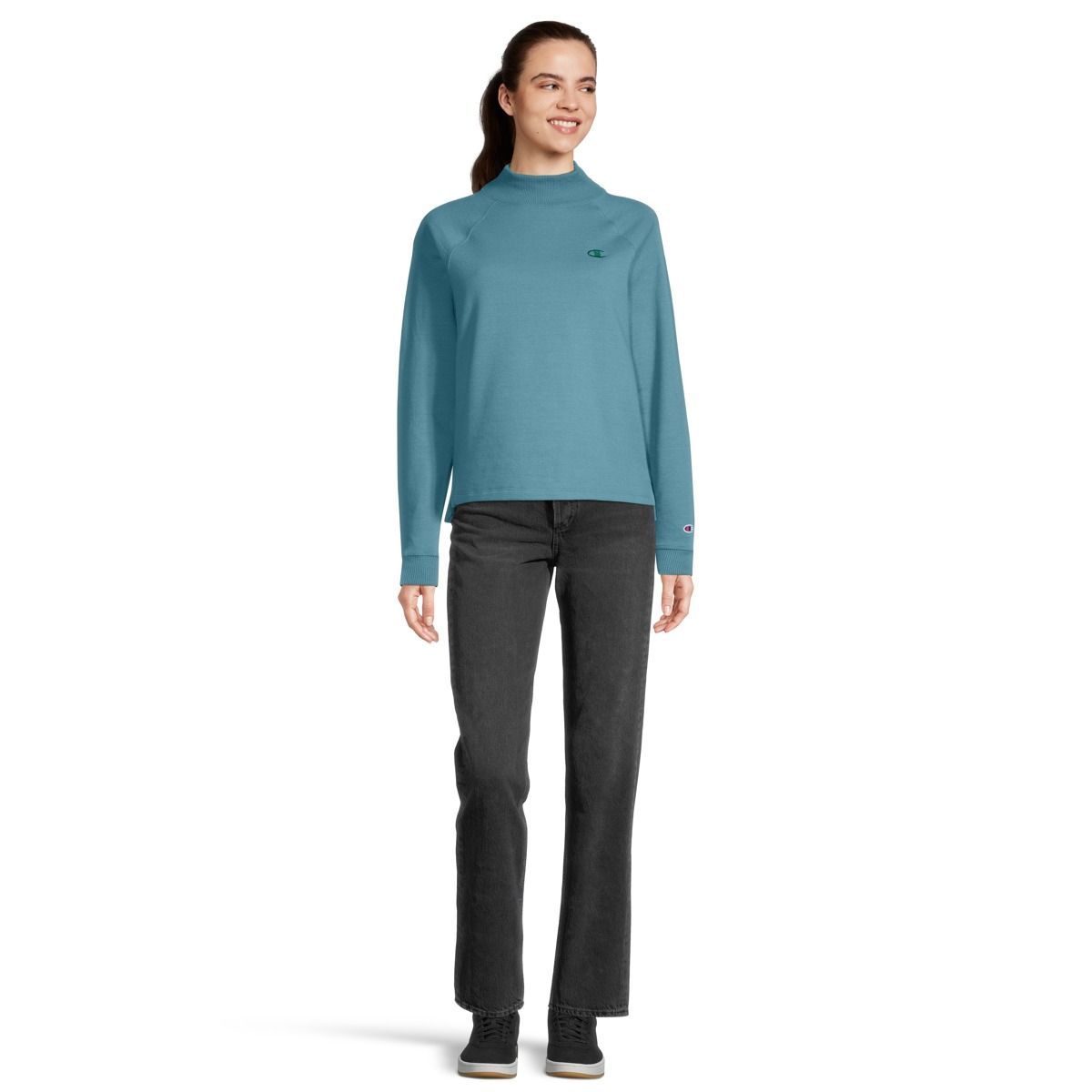 Champion Women's Powerblend Long Sleeve Mock Neck Shirt, Oversized