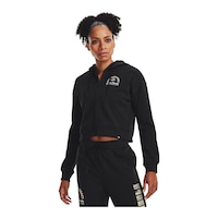 Under Armour Women's Project Rock Heavyweight Terry Full Zip Hoodie Front_Three_Fourths_Angled_Left