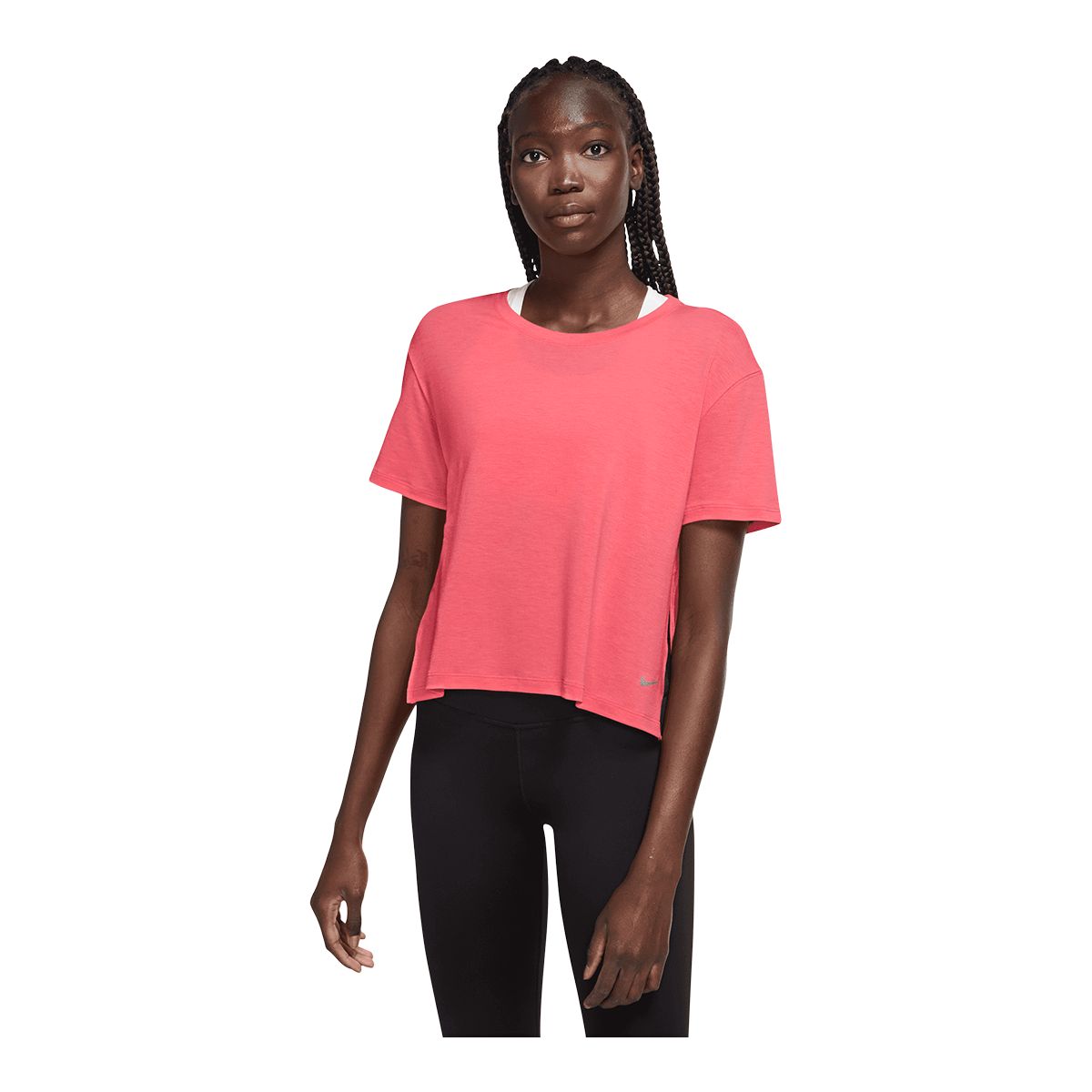 Nike Dri Fit Women Yoga T Shirt Short Sleeve Slim Fit Side Slit