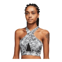 Nike Women's Dri-FIT Swoosh Wrap All Over Print Mid Sports Bra Front_Angled_Left