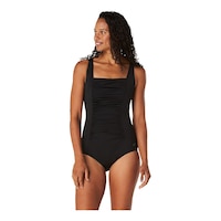 Speedo Women's Solid Shirred Tank One Piece Swimsuit Front_Flat