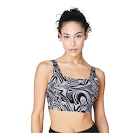FWD Women's Core Swirl Print Medium Sports Bra Front_Angled_Right