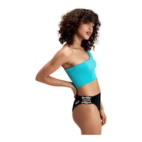 Speedo Women's Fluente Solid Logo ESTC High Waist Bottom Front_Three_Fourths_Angled_Right