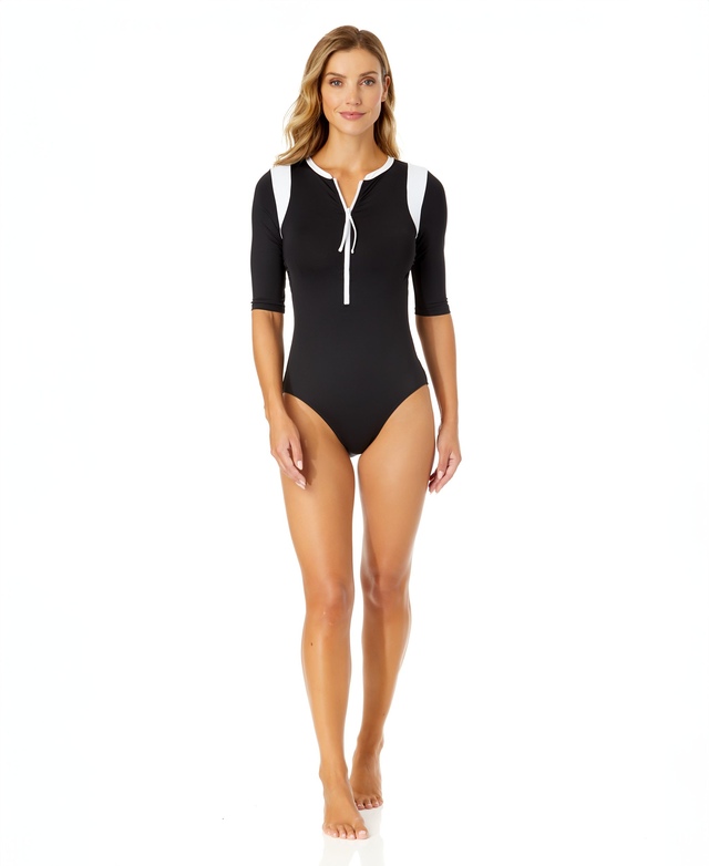Anne Cole Women's 1/2 Sleeve Classic Zip Swimsuit
