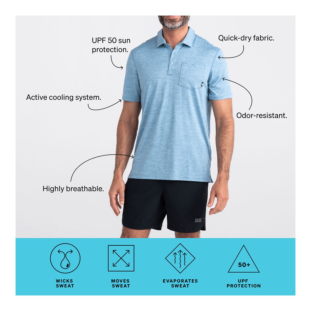 Saxx Men's UPF Droptemp Cooling Polo T Shirt