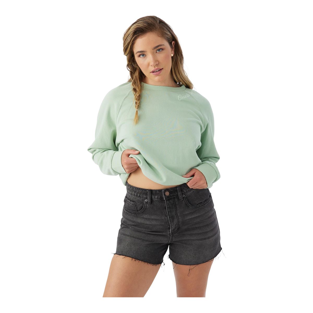 Green best sale denim shorts