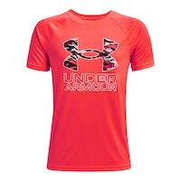 Under Armour Boys' Tech Hybrid Print Fill T Shirt, Kids, Crewneck, Graphic Front_Flat