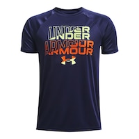 Under Armour Boys' Tech Wordmark Symbol T Shirt, Kids, Crewneck, Mesh, Quick Dry Front_Flat