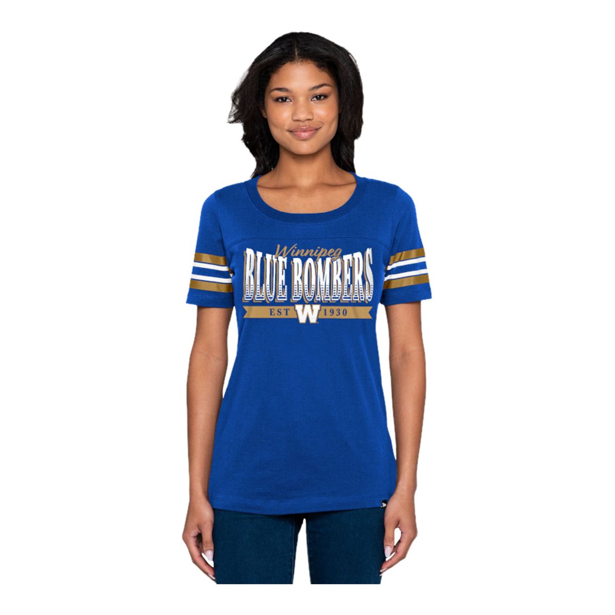 Winnipeg Blue Bombers New Era Women's Stripe Sleeve Yoke T Shirt