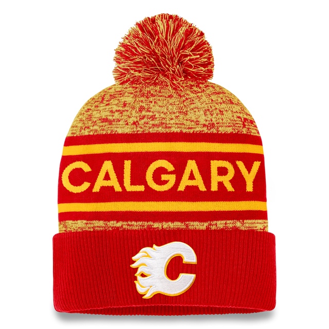 Calgary Flames Fanatics Authentic Pro Heathered Cuffed Pom Knit Front_Flat