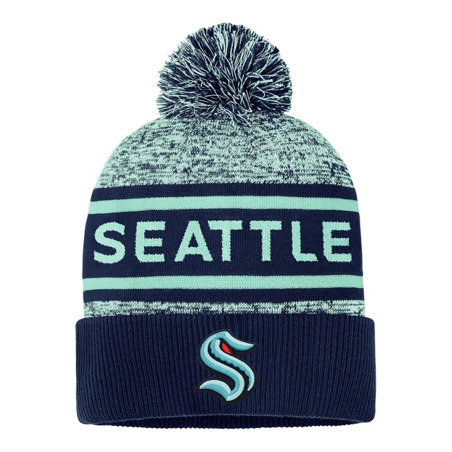 Seattle Kraken Fanatics Authentic Pro Heathered Cuffed Pom Knit Front_Flat