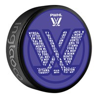 PWHL In Glas Co Souvenir Hockey Puck Front_Angled_Right