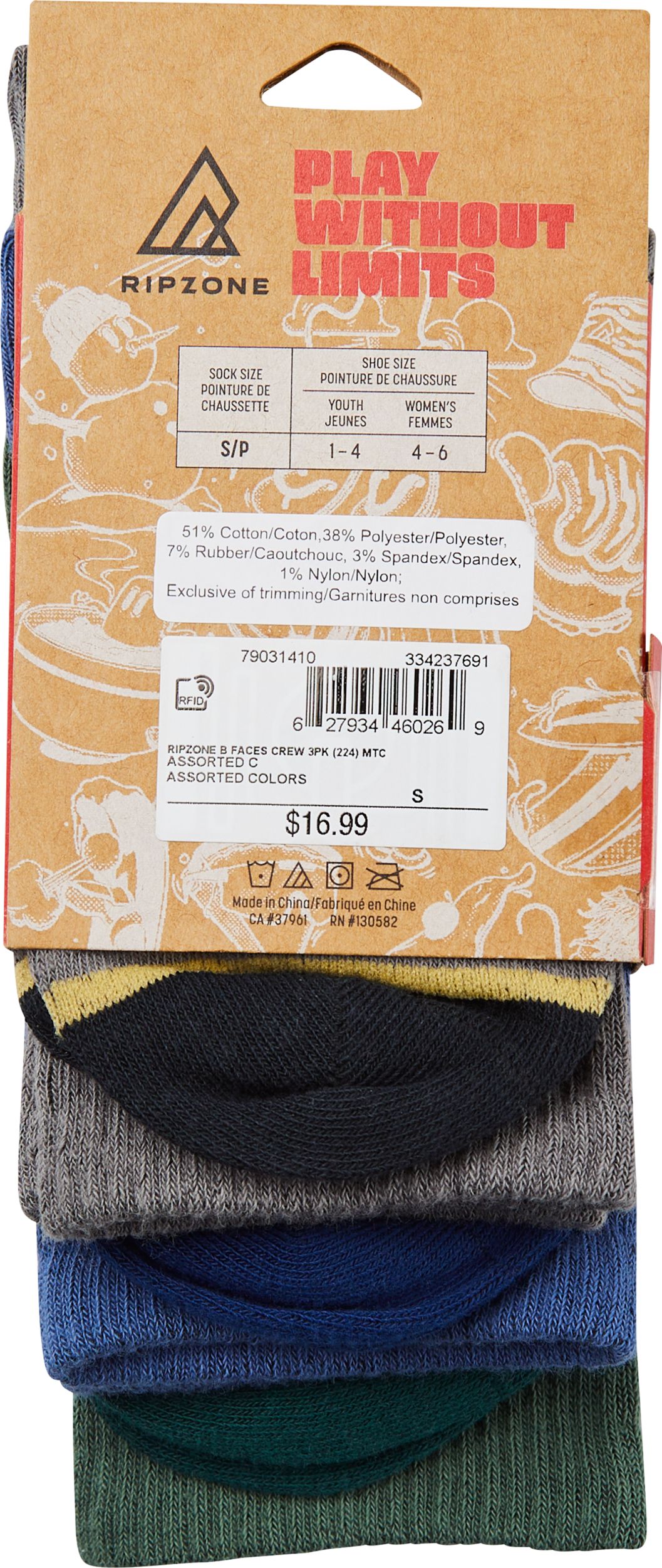 Ripzone Kids' Faces Crew Socks - 3 pk