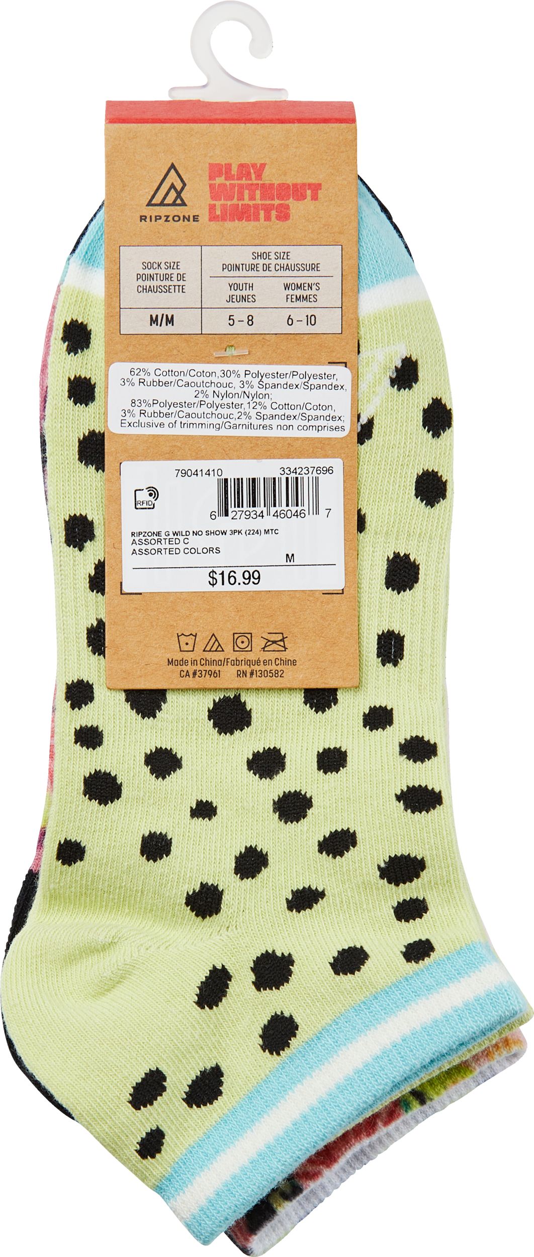 Ripzone Girls' No Show Socks 3Pk