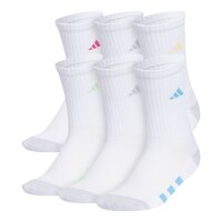 adidas Girls' 3-Stripe 3.0 Cushioned Crew Socks 6pk Front_Angled_Left