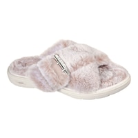 Skechers Women's GO Lounge Arch Fit Slippers, Slip On, Open Toe, Indoor, Faux Fur Front_Three_Fourths_Angled_Right
